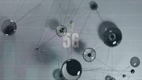 Animation-Von-5G-Text,-Verbindungsnetzwerk-Und-Datenverarbeitung-Auf-Grauem-Hintergrund