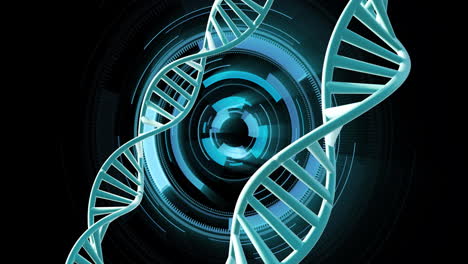 Animation-Von-Sich-Drehenden-DNA-Strängen-Mit-Datenverarbeitung-Auf-Schwarzem-Hintergrund