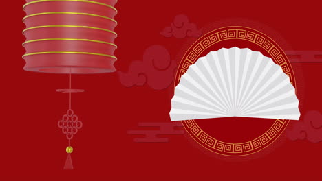 Animation-of-lantern-and-chinese-pattern-with-copy-space-on-red-background