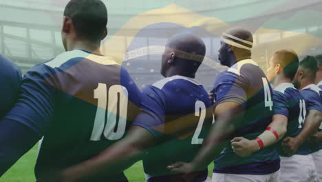 Animation-of-flag-of-brazil-over-diverse-male-rugby-players-singing-anthem-at-stadium