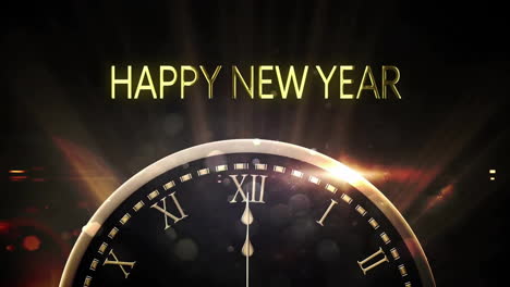Animation-of-happy-new-year-text-and-clock-showing-midnights-on-black-background