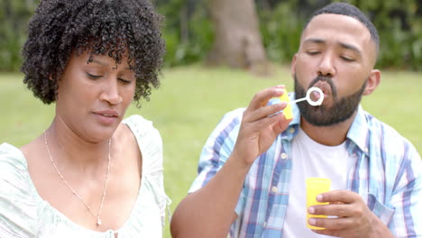 Glückliches-Afroamerikanisches-Paar,-Das-Im-Garten-Seifenblasen-Bläst,-Zeitlupe