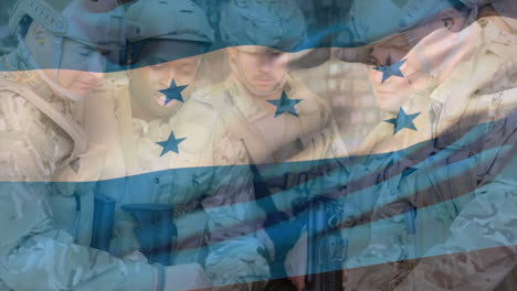 Animation-of-flag-of-honduras-over-caucasian-male-soldiers-planning-strategy