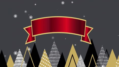 Animation-of-red-banner-with-copy-space-over-christmas-trees-on-grey-background