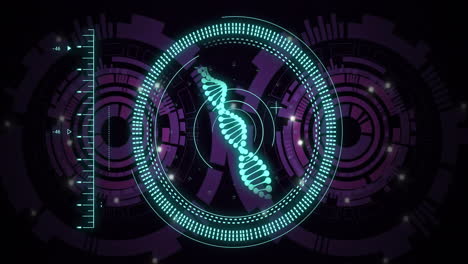 Animation-of-rotating-dna-helix-in-circles-over-loading-circles-against-black-background
