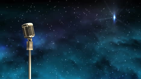 Animation-of-retro-microphone-with-copy-space-over-glowing-stars-on-dark-background
