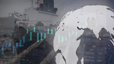 Animation-Von-Grafiken-Und-Verarbeitungsdaten-über-Globen-Und-Schiff-Im-Hafen