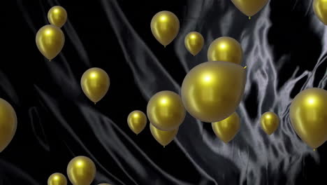 Animation-of-gold-balloons-with-silver-light-trails-on-black-background
