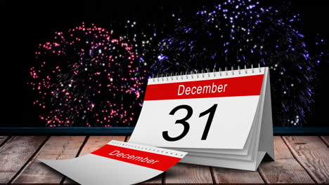 Animation-of-31-december-calendar-page-and-fireworks-ion-black-background