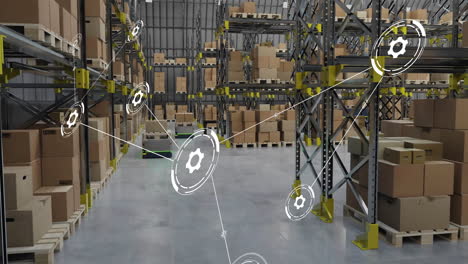 Animation-Eines-Verbindungsnetzwerks-Mit-Symbolen-über-Robotern,-Die-Im-Lager-Arbeiten