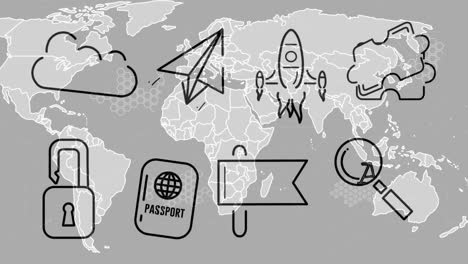 Animation-Von-Geschäftssymbolen-über-Der-Weltkarte-Auf-Grauem-Hintergrund