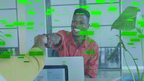 Animation-of-green-binary-data-processing-over-african-american-man-fist-bumping-colleague-at-office