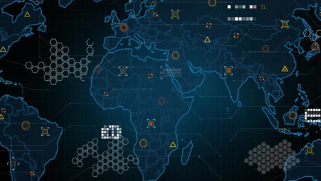 Animation-Eines-Verbindungsnetzwerks-Mit-Datenverarbeitung-über-Einer-Weltkarte-Auf-Schwarzem-Hintergrund