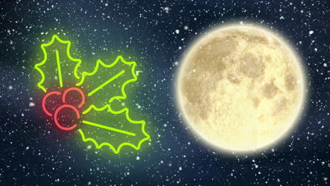 Animation-of-holy-neon-over-full-moon-in-winter-scenery-background