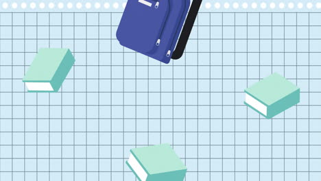 Animation-of-blue-books-and-schoolbags-falling-over-squared-notebook-page
