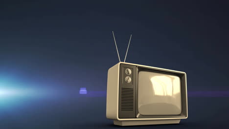 Animation-Eines-Retro-Fernsehers-über-Lichtstrahlen-Auf-Dunklem-Hintergrund