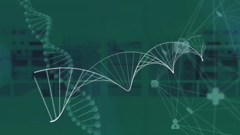 Animation-of-dna-strands-and-connections-with-data-processing-over-dark-background