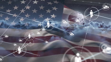 Animation-Eines-Netzwerks-Von-Geschäfts--Und-Datensymbolen-über-Der-Flagge-Amerikas-Und-Einem-Bewölkten-Himmel