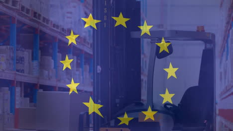 Animation-of-flag-of-european-union-over-forklift-truck-in-storage-warehouse