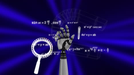 Animation-of-scientific-data-processing-over-robot's-arm-and-magnifying-glass
