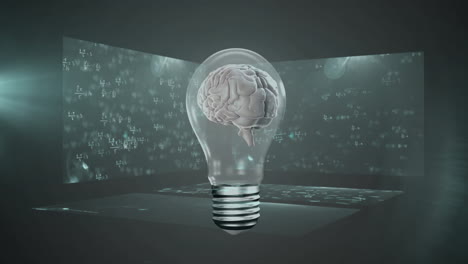 Animation-of-human-brain-in-light-bulb-over-mathematical-equation-against-abstract-background
