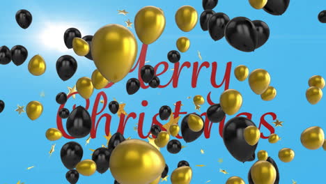 Animation-Von-Luftballons-Und-Sternen-über-Frohe-Weihnachten-Text-Auf-Blauem-Hintergrund