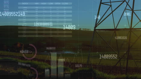 Animation-of-financial-data-processing-over-electricity-pylon-on-field