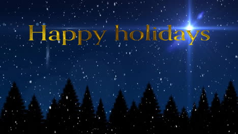 Animation-of-happy-holidays-text-and-snow-falling-over-trees-on-blue-background
