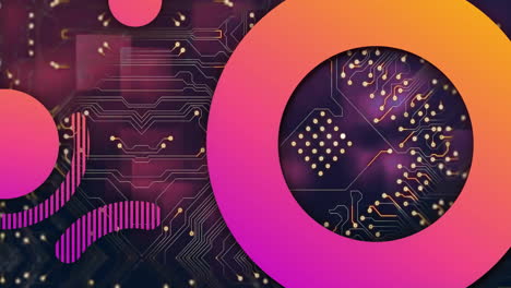 Animation-of-shapes-over-computer-circuit-board-on-purple-background