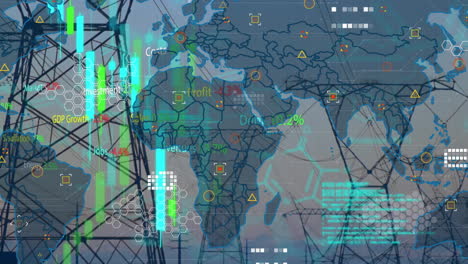 Animation-of-financial-data-processing-with-world-map-over-electricity-pylons