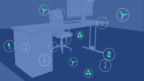 Animation-of-sustainable-icon-in-circles-over-computer-on-desk-and-chair-in-office