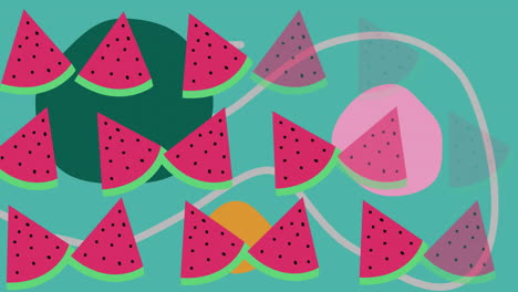 Animation-of-watermelons-and-colourful-shapes-on-green-background
