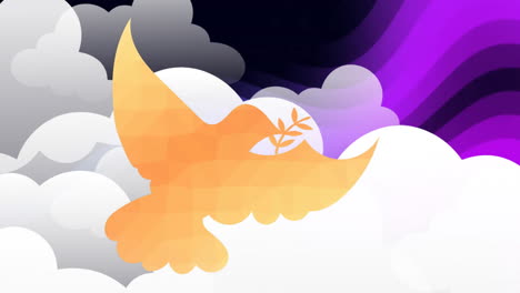 Animation-Von-Blättern-Im-Schnabel-Eines-Fliegenden-Vogels-über-Dichten-Wolken,-Violette-Wellen-Vor-Schwarzem-Hintergrund