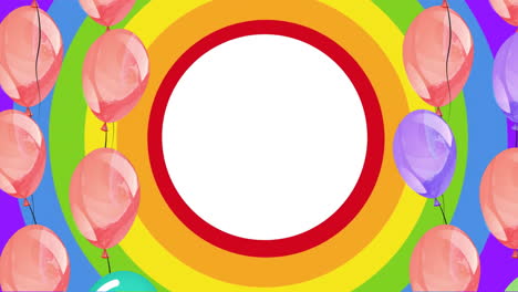 Animation-of-rainbow-heart-in-red-and-white-circle-and-colourful-balloons-on-rainbow-background