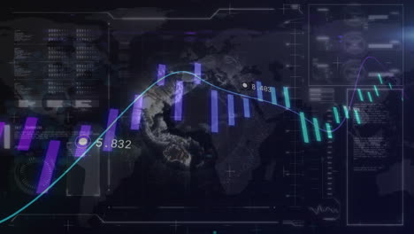 Animation-Der-Finanzdatenverarbeitung-über-Den-Globus-Auf-Dunklem-Hintergrund