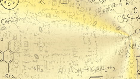 Animation-of-chemical-equations-and-multiple-scientific-drawings-against-gradient-background