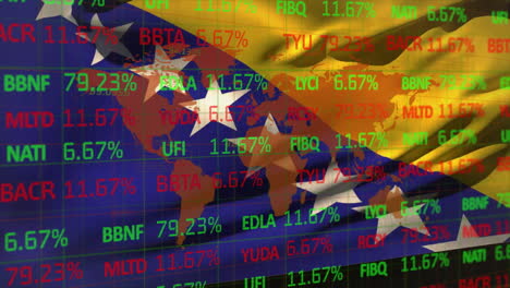 Animation-of-stock-market-and-world-map-over-flag-of-bosnia-and-herzegovina