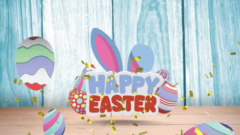 Animation-of-confetti-over-happy-easter-text-with-eggs-on-wooden-background
