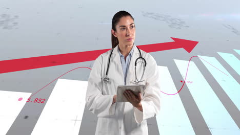 Animation-of-financial-data-processing-over-biracial-female-doctor-using-tablet