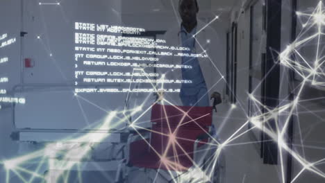 Animation-of-network-of-connections-and-data-processing-over-african-american-male-doctor