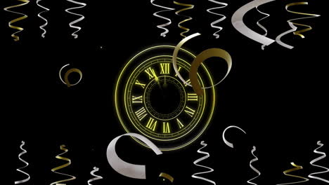 Animation-of-clock-showing-midnight-and-party-streamers-on-black-background