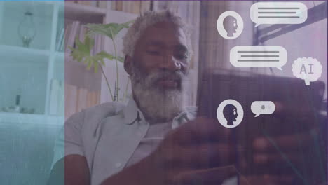 Animation-Eines-Afroamerikanischen-Mannes,-Der-Ein-Tablet-über-Einen-Digitalen-KI-Chat-Verwendet