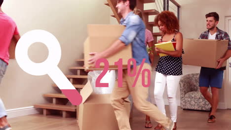 Animation-of-loop-and-percent-in-pink-over-diverse-people-moving-in-with-cardboard-boxes