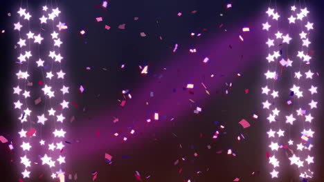 Animation-Von-Konfetti,-Das-über-Sternenlichterketten-Auf-Violettem-Hintergrund-Fällt