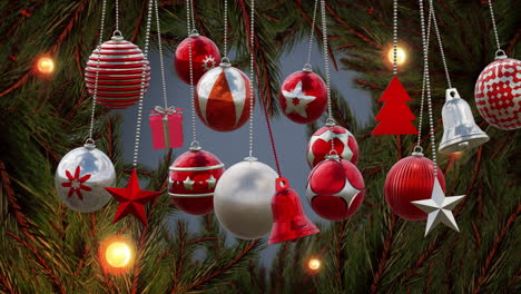 Animation-of-hanging-baubles,-stars,-tree-with-lights-over-pine-leaves-against-abstract-background