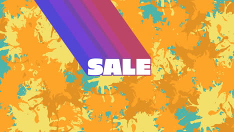 Animation-of-sale-text-with-blue-and-purple-trails-over-green,-orange-and-yellow-paint-splashes