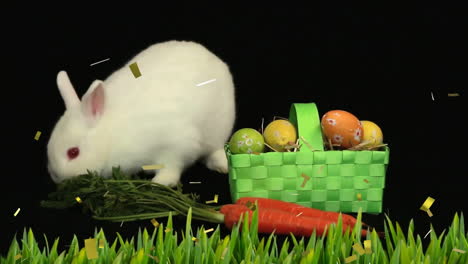 Animation-Von-Konfetti-über-Weißem-Kaninchen-Mit-Korb-Und-Gras-Auf-Schwarzem-Hintergrund-Zu-Ostern
