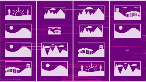 Animation-of-digital-pictures-and-falling-binary-codes-with-lines-over-purple-background
