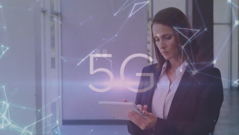 Animation-of-5g-text,-network-of-connections-over-caucasian-businesswoman-with-tablet