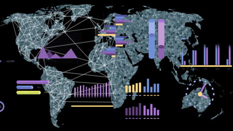 Animation-of-data-processing-and-world-map-over-black-background
